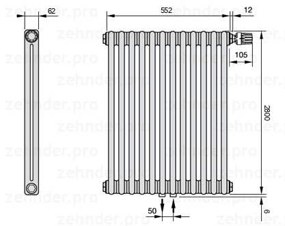 Схема (чертеж) Радиатор Zehnder Charleston 2280/12 №V008 Белый глянцевый RAL 9016